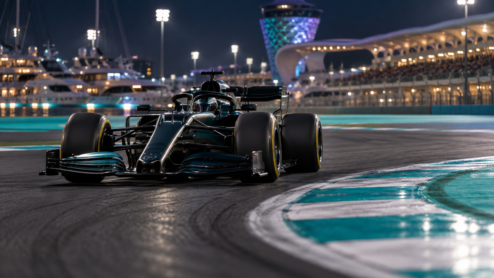 A dark open-wheel race car powers through a lit turn at night