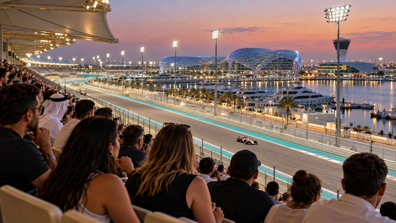 Fans watch a Formula-style race from a shaded circuit grandstand