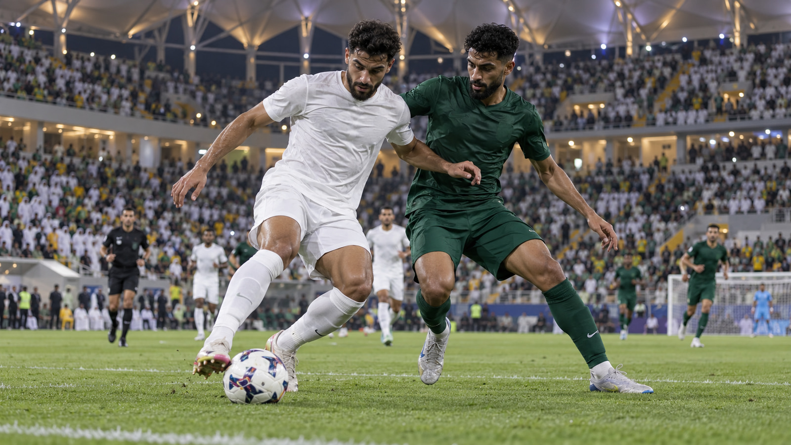 Footballers compete for the ball in a packed stadium