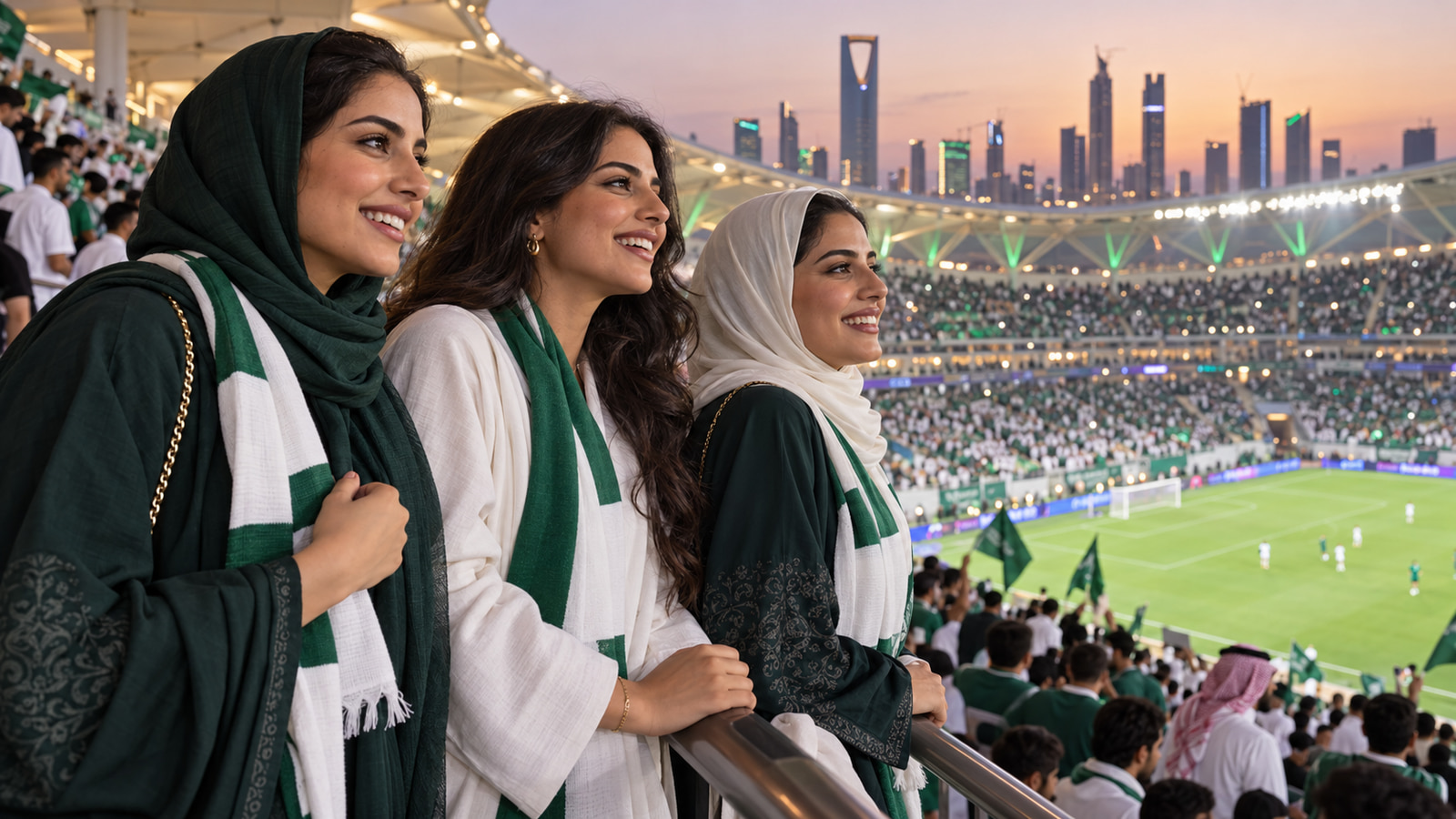 Women supporters follow a match from the stands in Riyadh