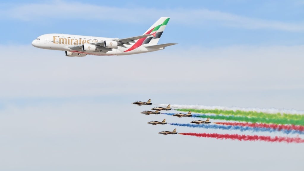A wide shot of the static aircraft display at the Dubai Airshow with business jets and commercial airliners.