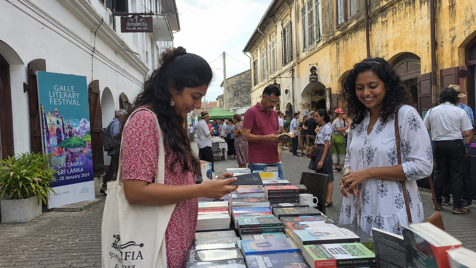 Readers browsing books at a festival book stall in Galle Fort