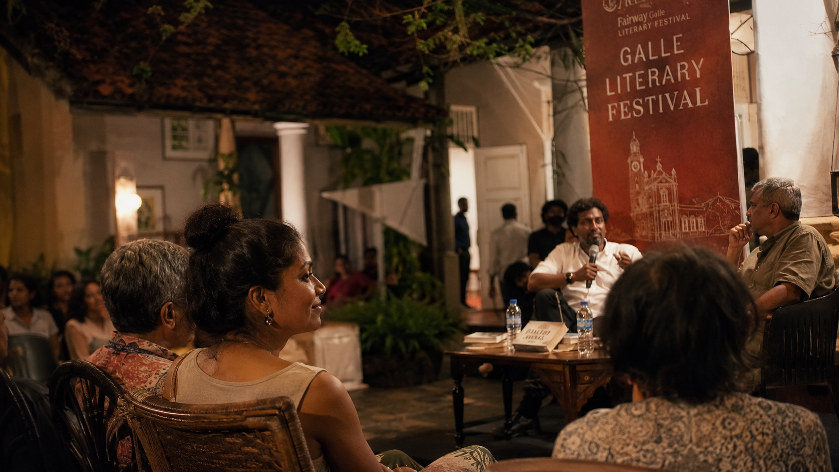 Evening literary panel in a historic Galle Fort courtyard