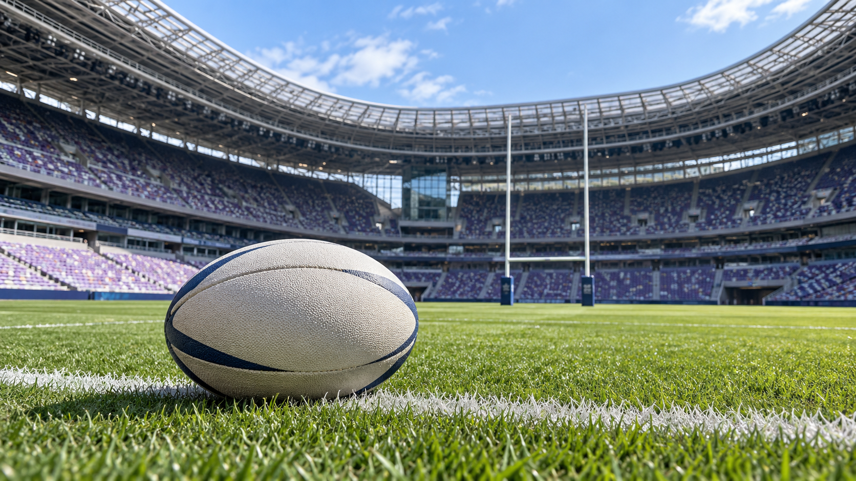 A rugby ball rests on the halfway line at an empty stadium, with goalposts behind it