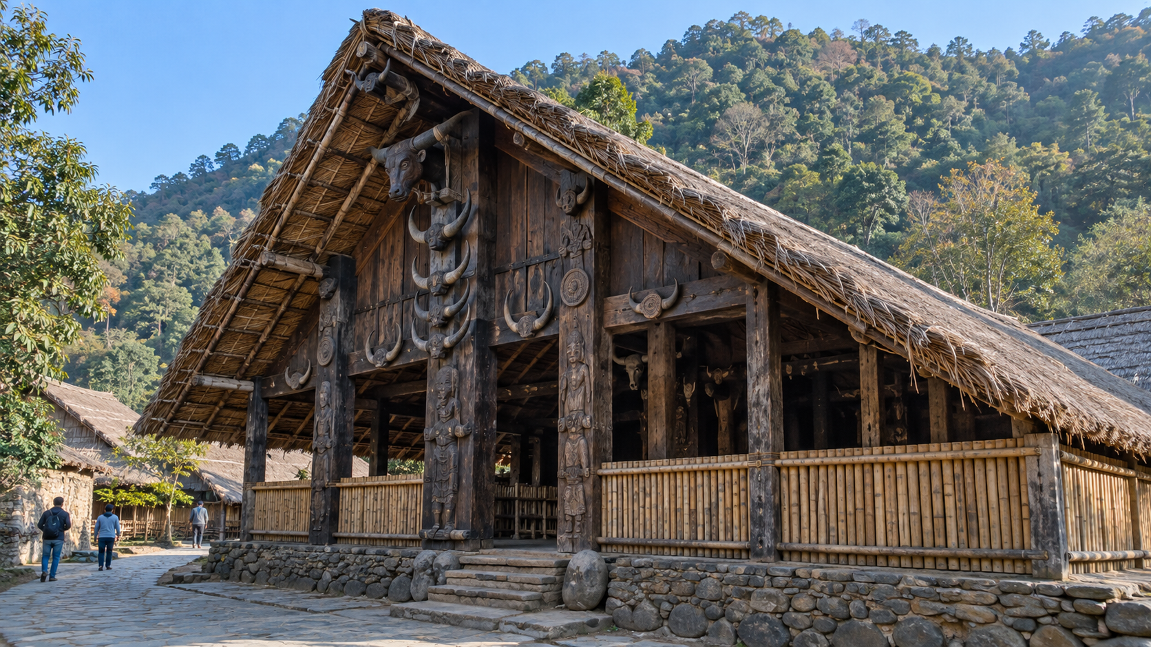 Ein strohgedecktes Morung im Naga Heritage Village von Kisama