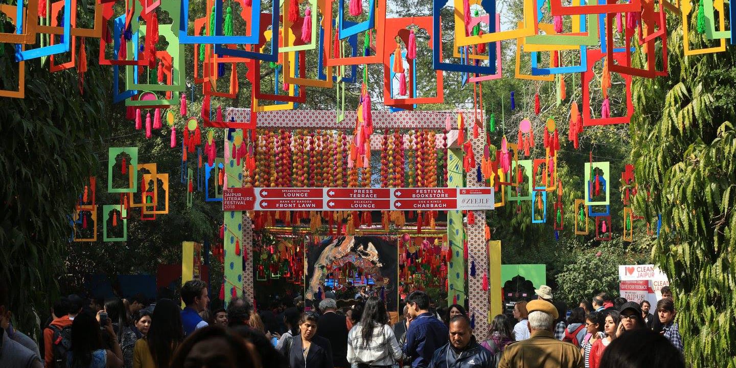 Crowds and authors at Jaipur Literature Festival main lawn, Hotel Clarks Amer