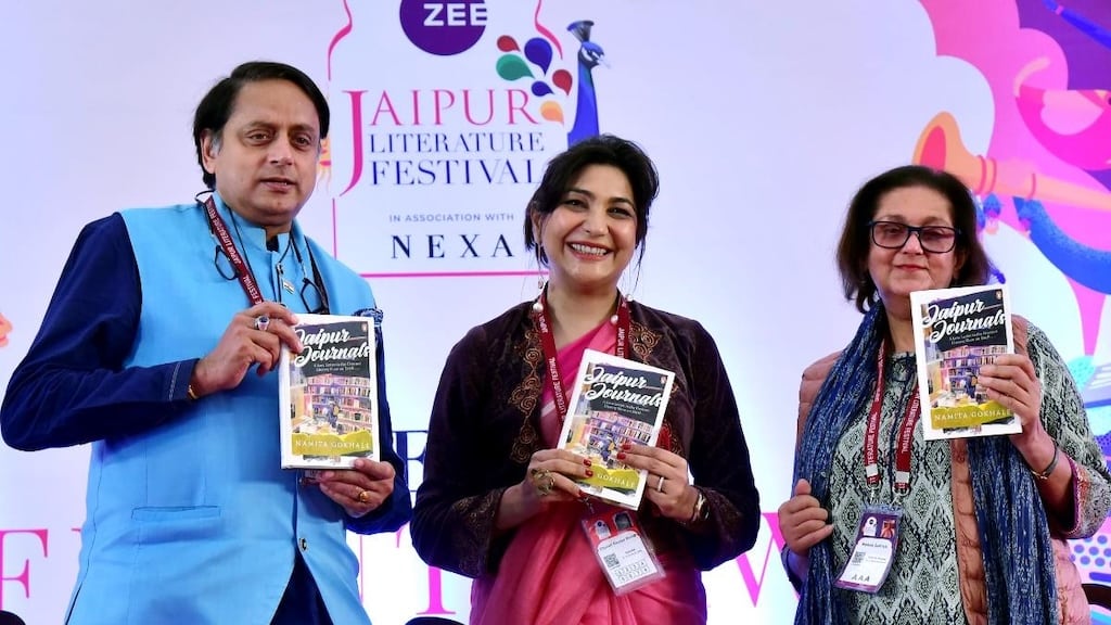 Book stalls and readers browsing at JLF Jaipur