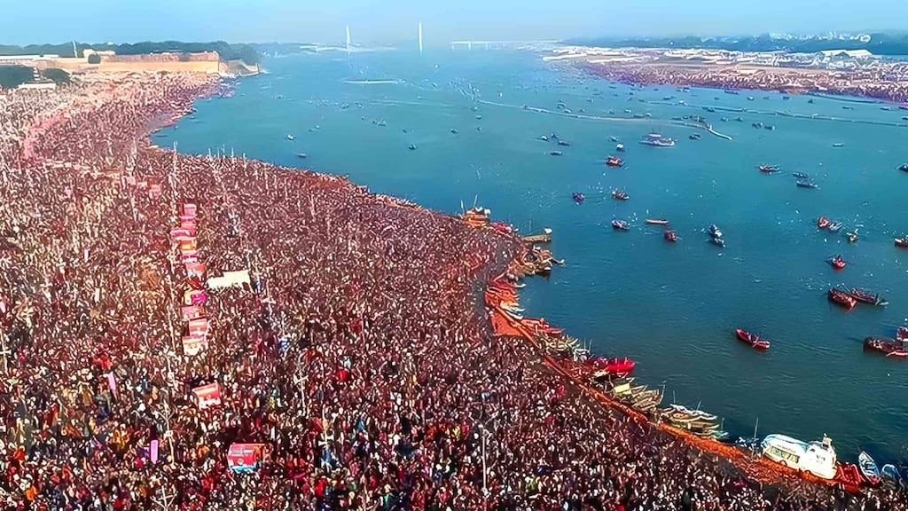 Pilgrims gathering at the Triveni Sangam for Maha Kumbh Mela ritual baths