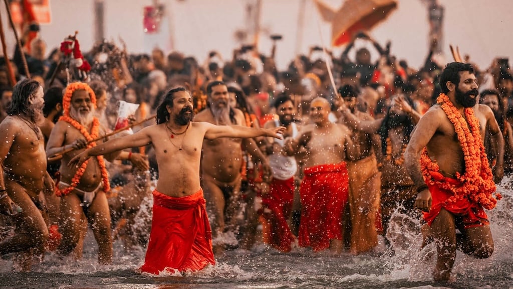 Aerial view of the vast tent city of Maha Kumbh Mela in Prayagraj