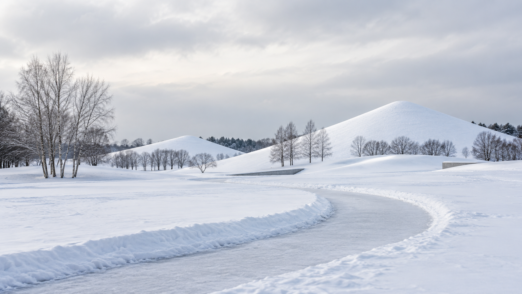 Des formes géométriques translucides brillent dans la neige au crépuscule, entre des arbres nus.