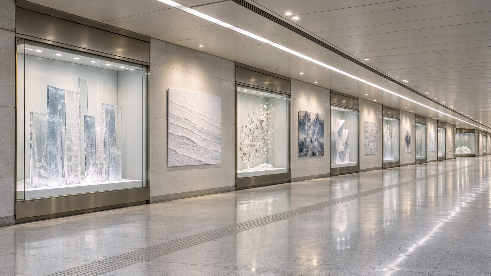 Des sculptures abstraites pâles sont exposées derrière des vitrines dans un long passage souterrain.