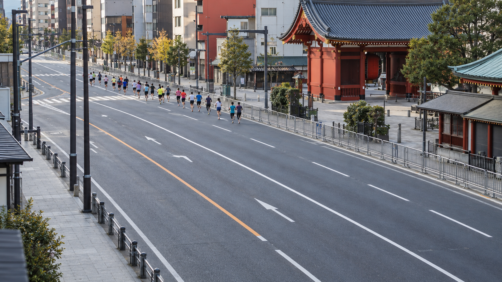 A distant group of runners on an urban street near a red temple gate