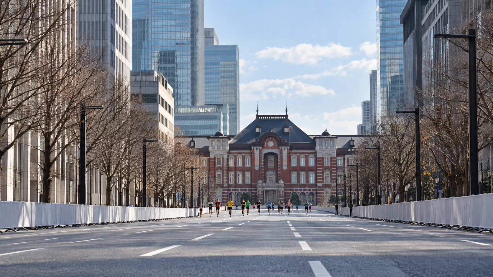 Runners approach the red-brick Tokyo Station along a broad avenue