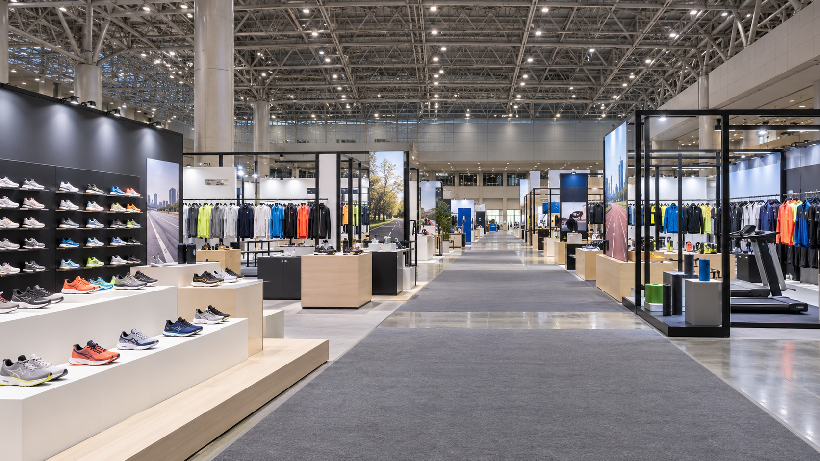 Running shoes and apparel displayed in a bright exhibition hall