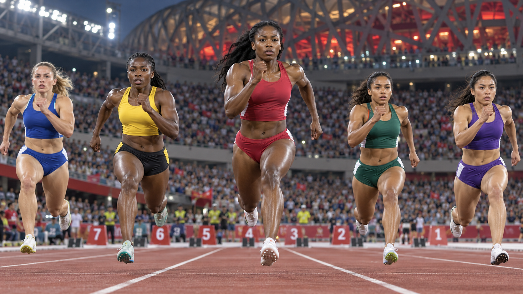 Women sprinters race on the red track at an international championship