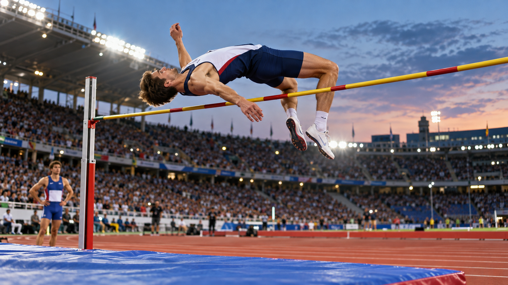A high jumper clears the bar before a full athletics crowd