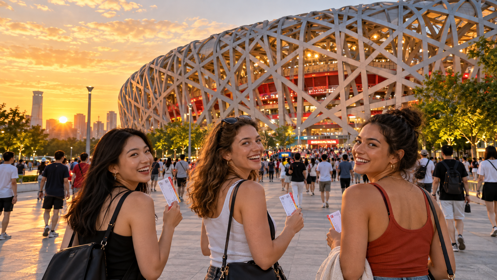 Visitors approach Beijing's National Stadium at golden hour